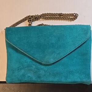 J. Crew Turquoise Suede Clutch with Gold Chain